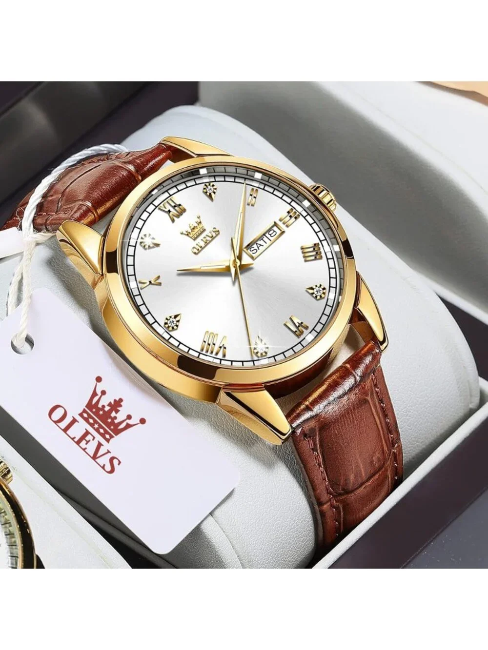 Men's White Fashion Quartz Leather Brown Buckle Waterproof Luminous Round Watch